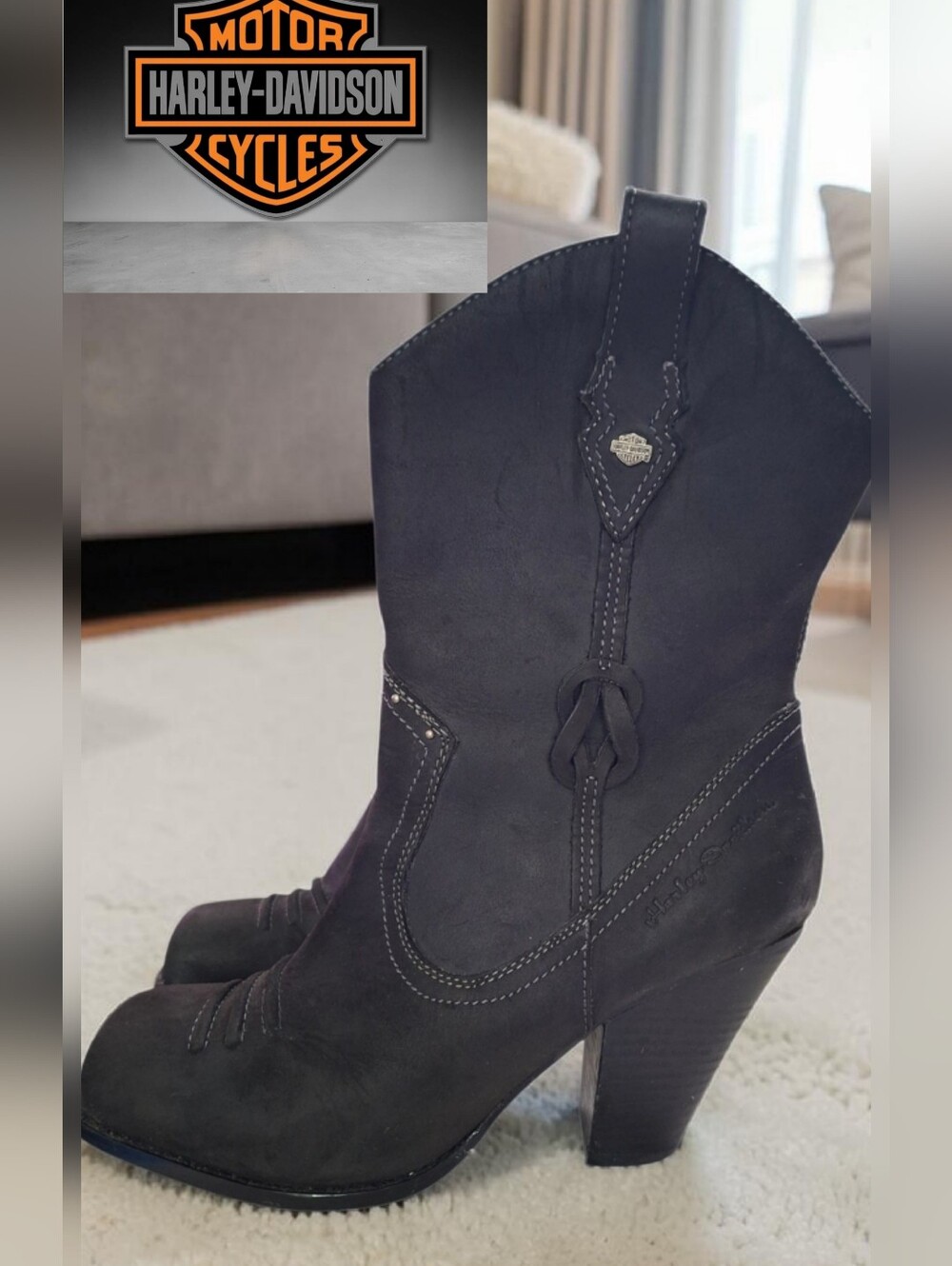 Harley-Davidson Black Leather Women's Western Heeled Boots / Moto Biker Boots